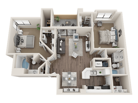 Floor plan for 2 beds, 2 baths, 1075 sqft